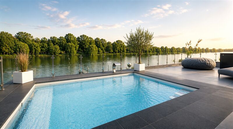 EXTRAVAGANTE DESIGNERVILLA MIT INFINTY-POOL- 1500 qm Wassergrundstück + Steg für 2 Boote